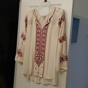 Lucky Brand Cream Blouse with Red Embroidery